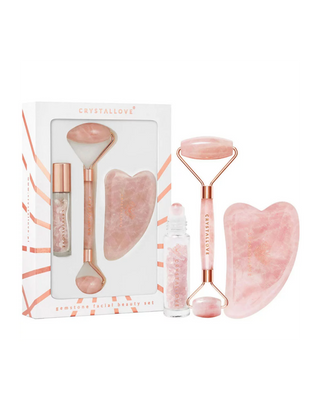 Roller na tvár + tanier gua sha + roll-on Rose quartz beauty set Crystallove