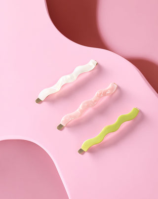 Sada vlnitých sponiek do vlasov perleťová, zelená, ružová Twisty 3 ks