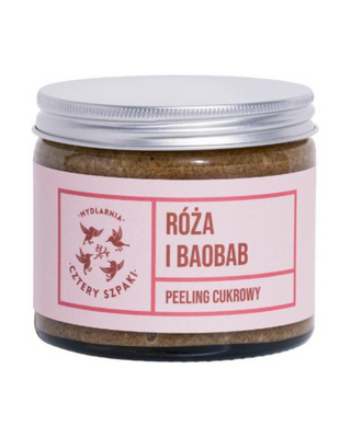 Regeneračný peeling z ruží a baobabu s trstinovým cukrom na stimuláciu krvného obehu Mydlarnia Cztery Szpaki