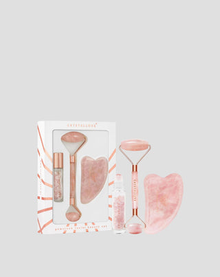 Roller na tvár + tanier gua sha + roll-on Rose quartz beauty set Crystallove - 1