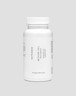Betain HCL 475 mg na podporu trávenia, nadúvanie, pocit ťažkosti a nízku kyslosť žalúdka Nutridome 60 kapsúl