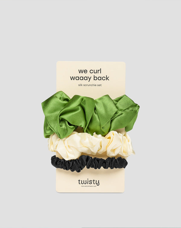 Sada hodvábnych gumičiek do vlasov zo 100% prírodného hodvábu- zelená, krémová, čierna Twisty 3 ks