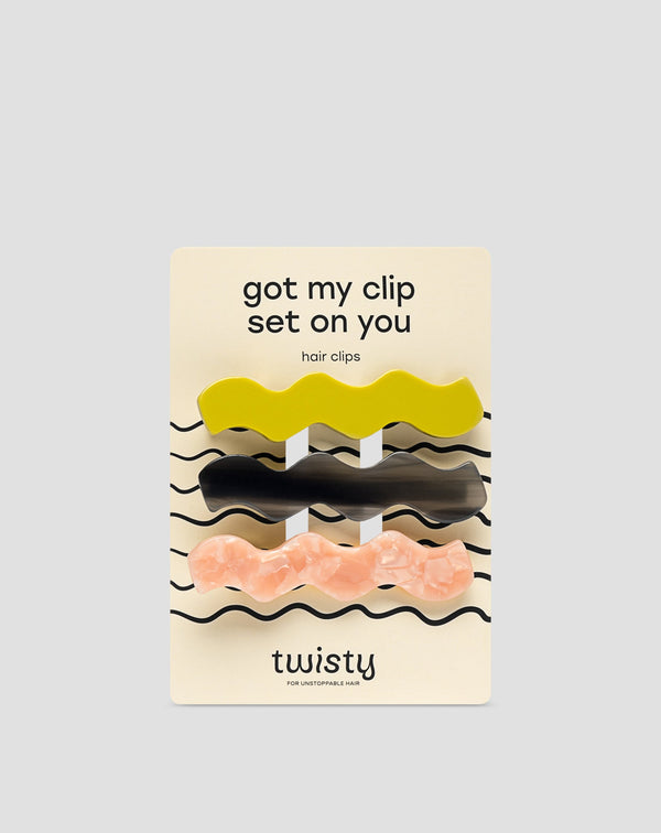 Sada vlnitých sponiek do vlasov - zelená, čierna, ružová Twisty 3 ks