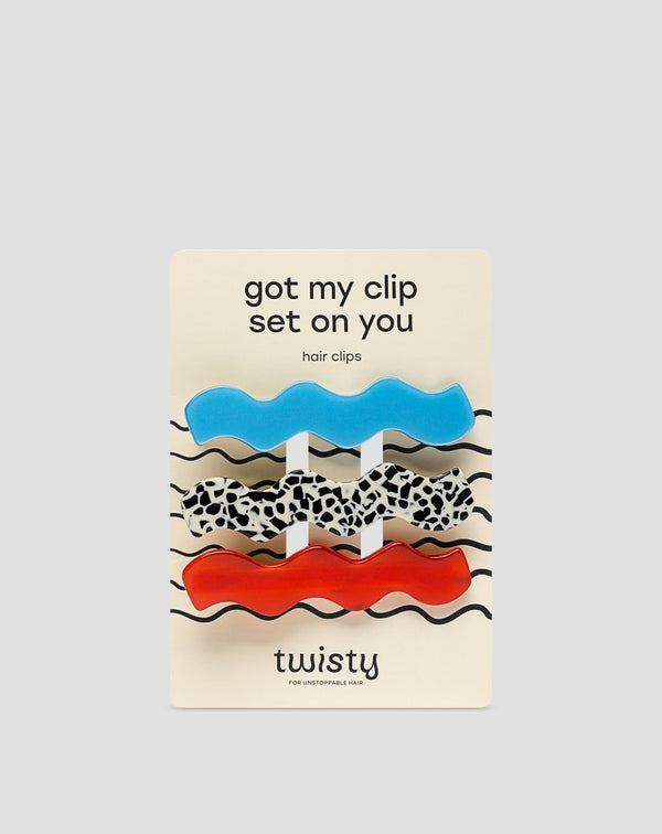 Sada vlnitých sponiek do vlasov - mramorová, modrá, červená Twisty 3 ks